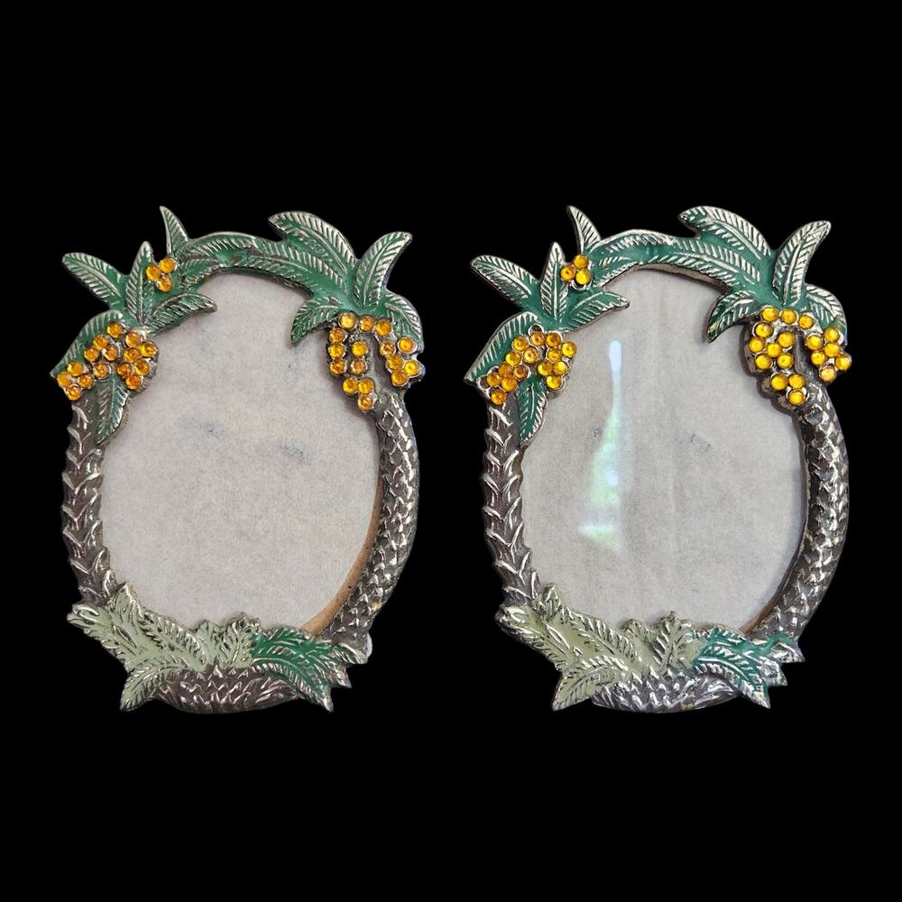 Vintage Tropical Palm Tree Jeweled Freestanding Picture Frames Pair 3.5x5